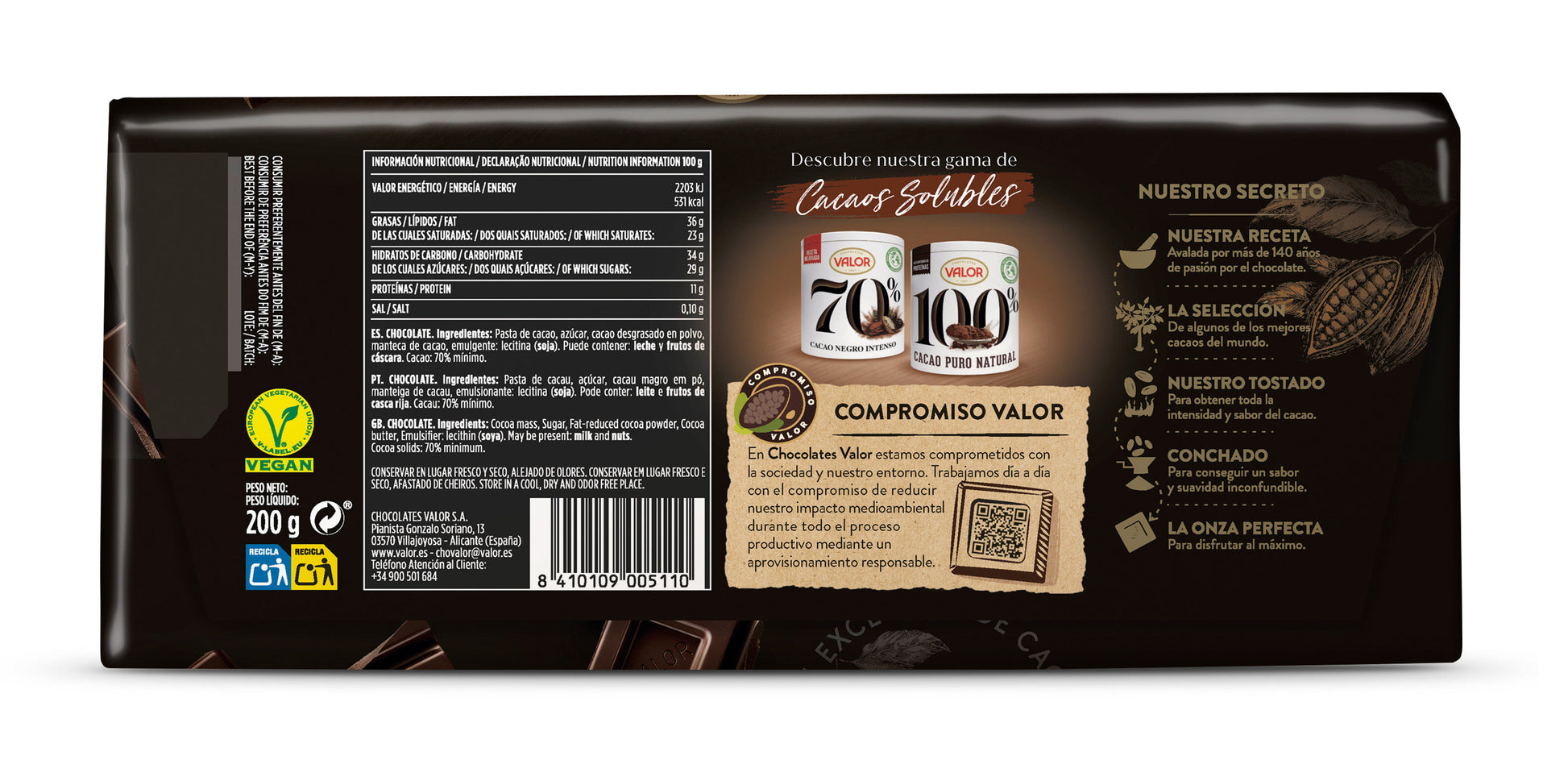 Chocolate negro 70% Valor 200g