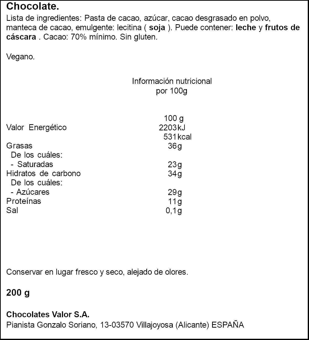 Chocolate negro 70% Valor 200g