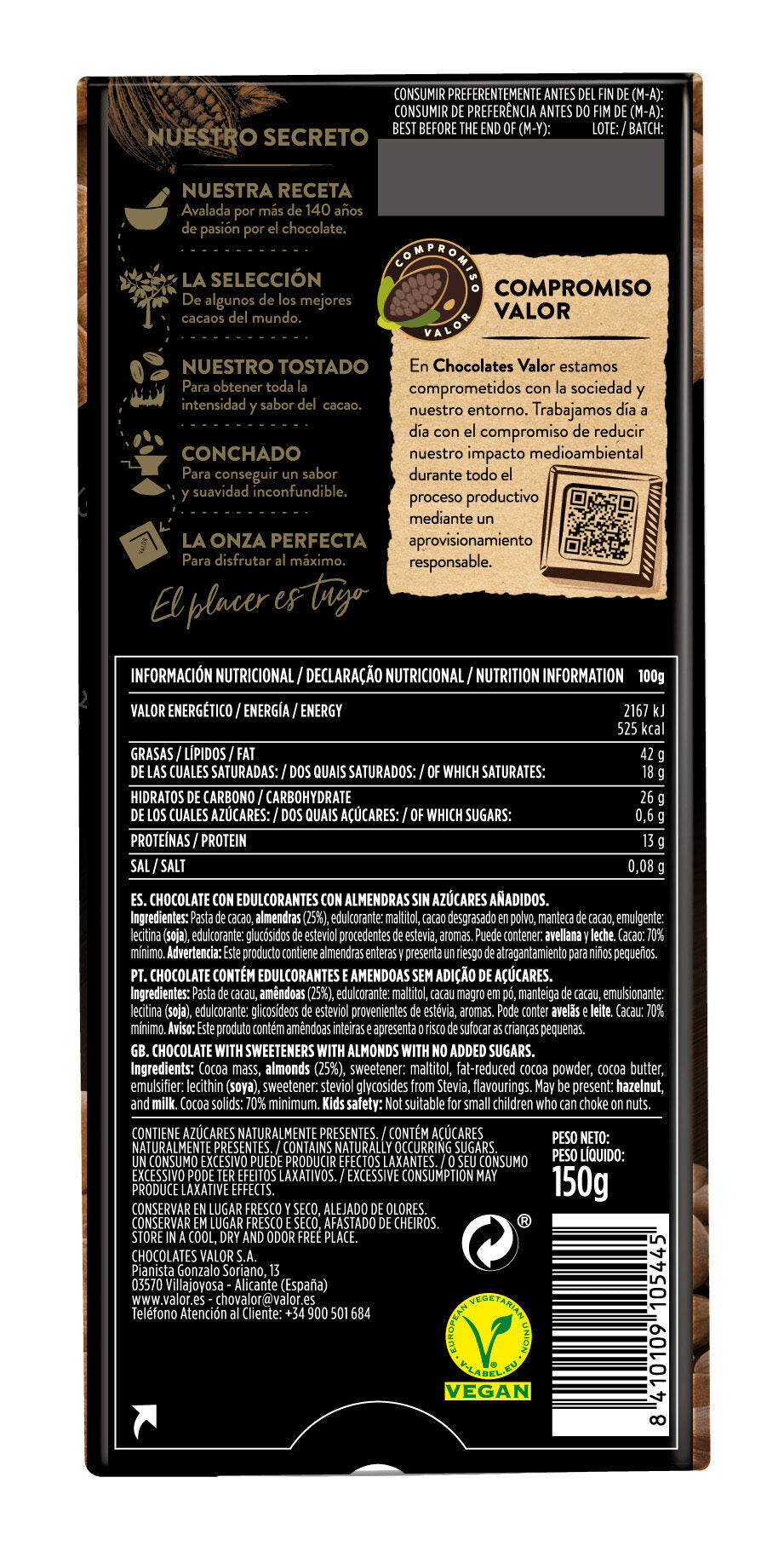 Chocolate s/a negro 70% almend Valor 150g