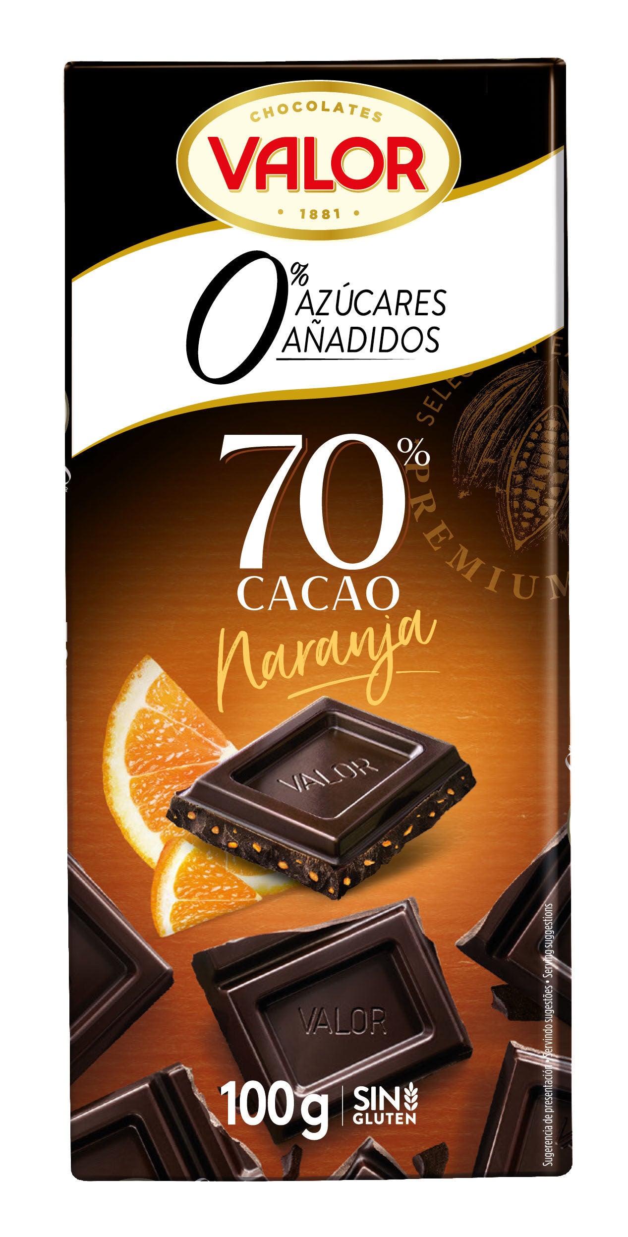 Chocolate negro c/naranja s/azúcar 70% Valor 100g