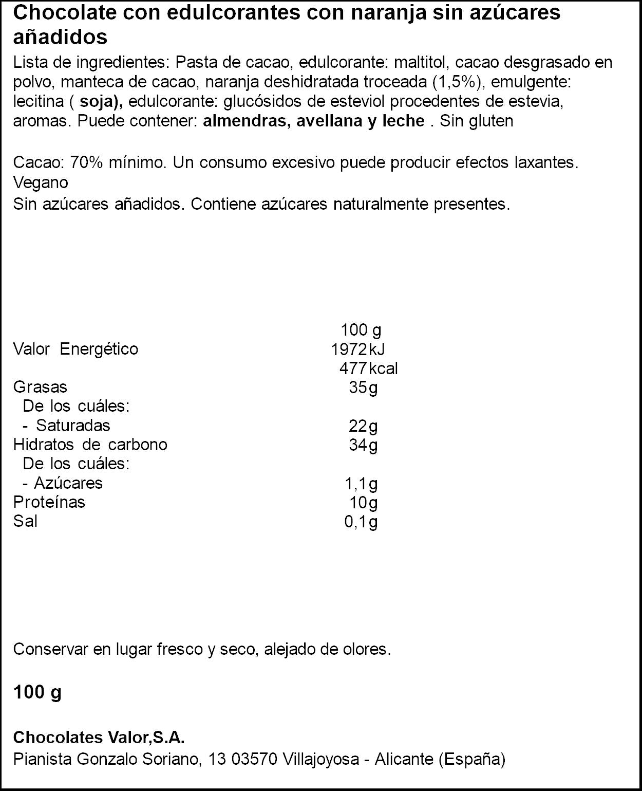 Chocolate negro c/naranja s/azúcar 70% Valor 100g