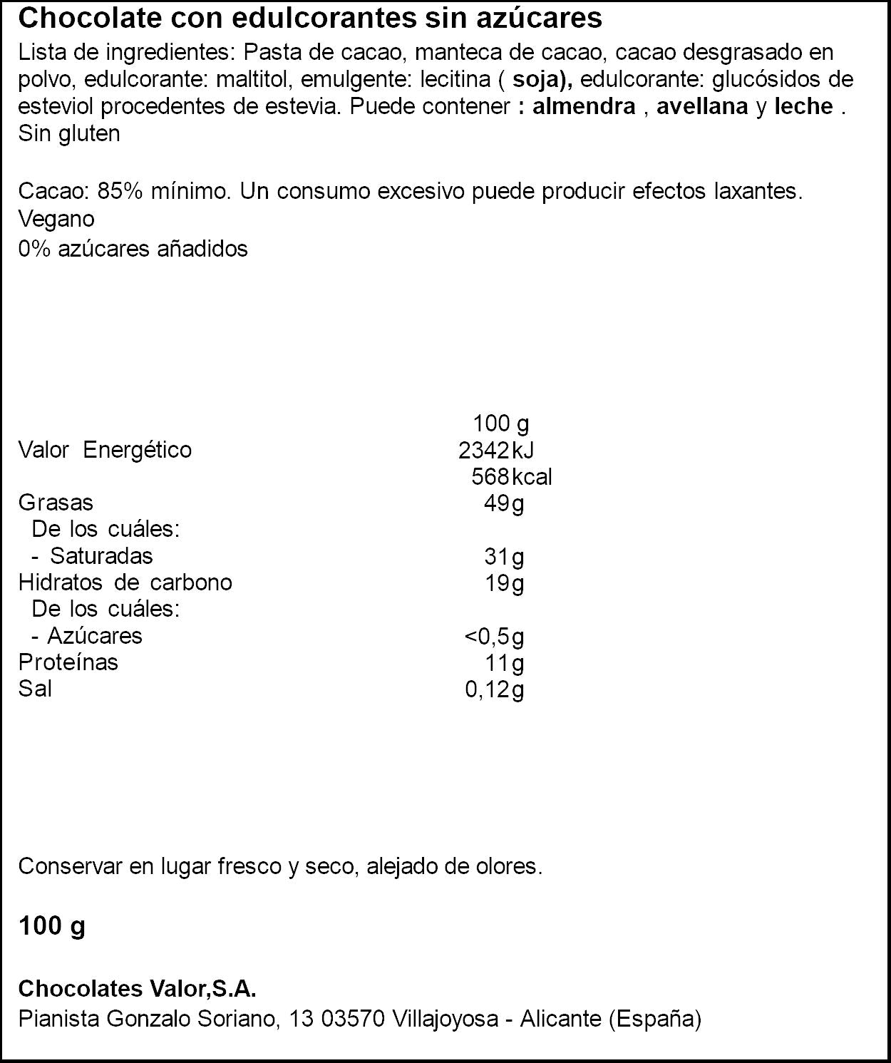 Chocolate s/a negro 85% Valor 100g