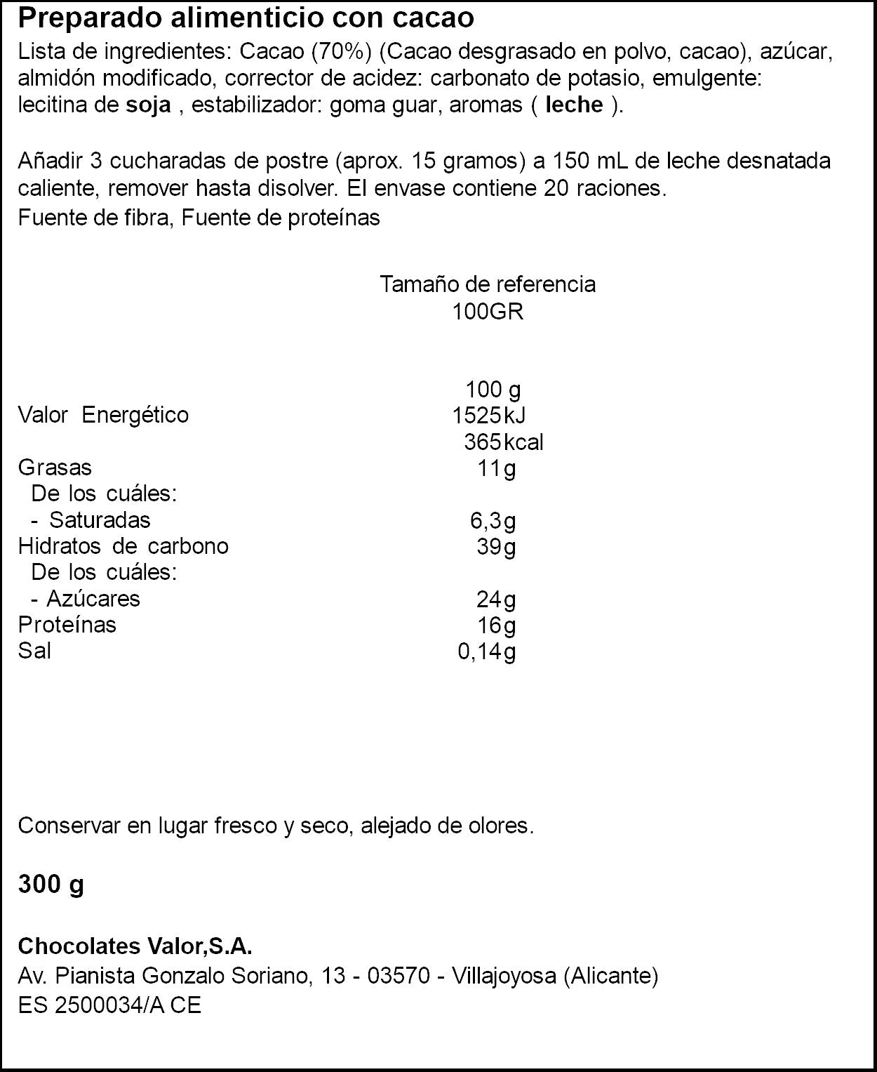 Cacao soluble negro 70% Valor 300g