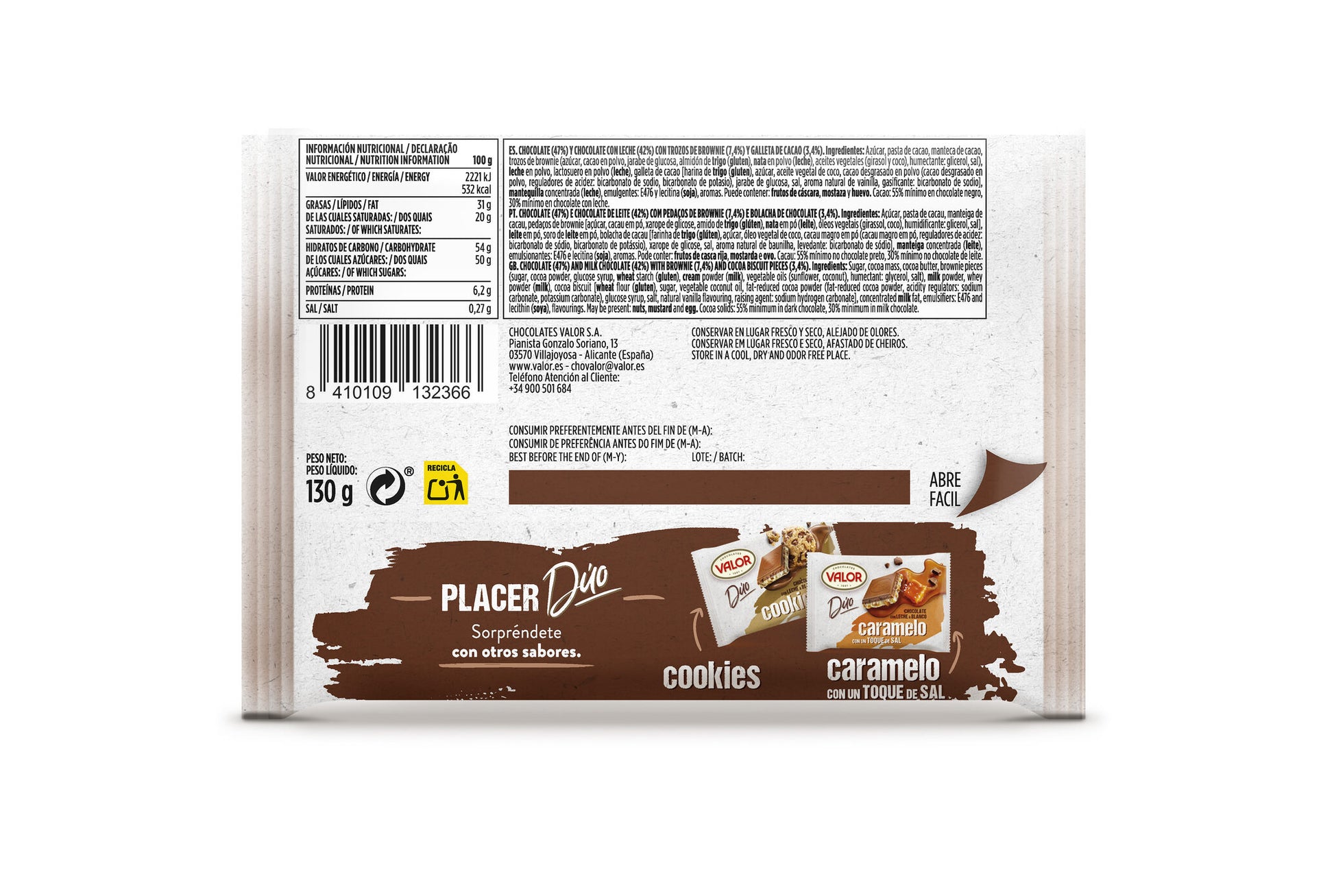 Chocolate negro & c/leche brownie Valor 130g