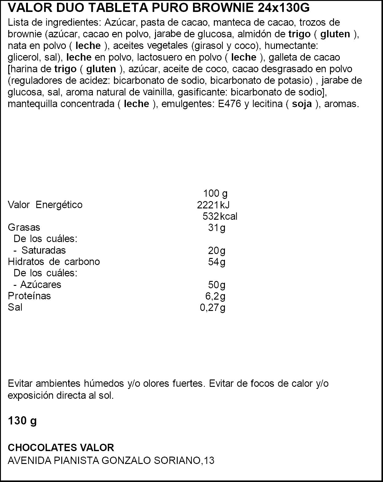 Chocolate negro & c/leche brownie Valor 130g