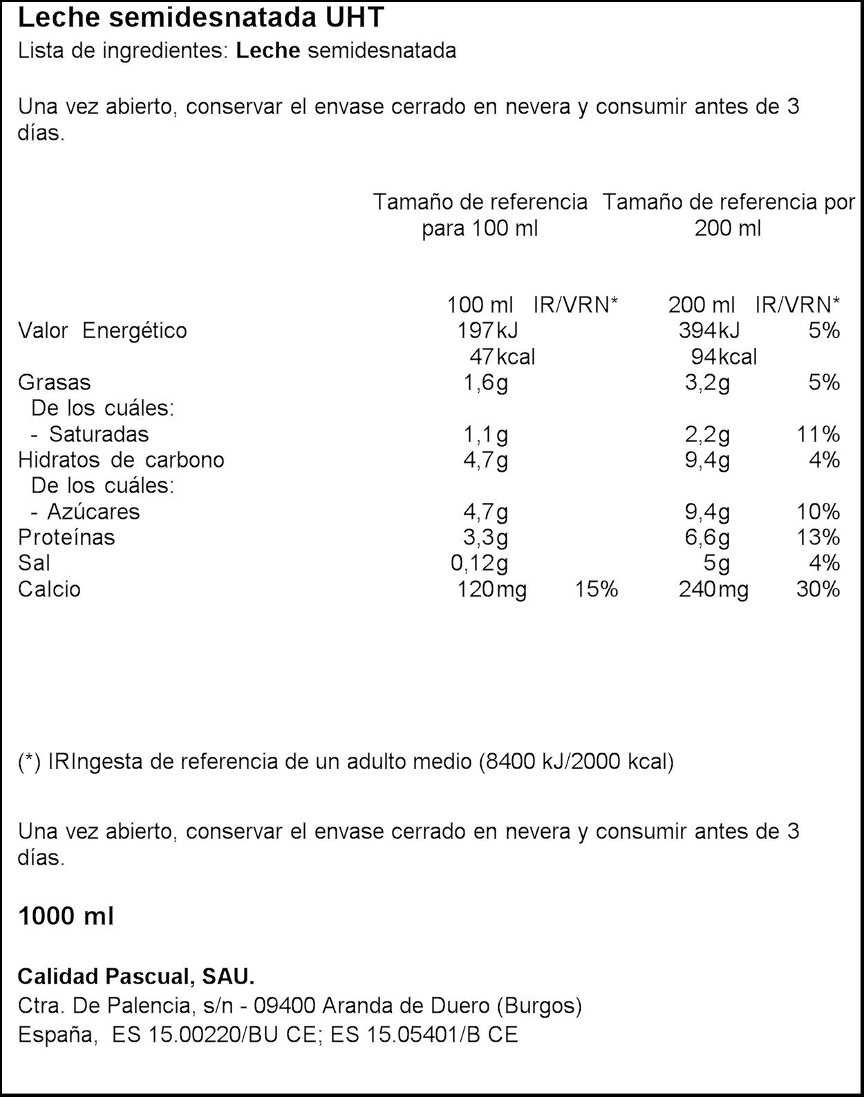 Leche semidesnatada brick Pascual 1l