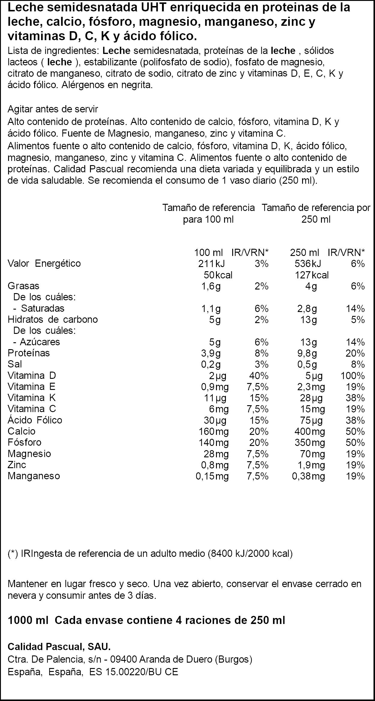 Leche semidesnatada movit calcio Pascual 1l