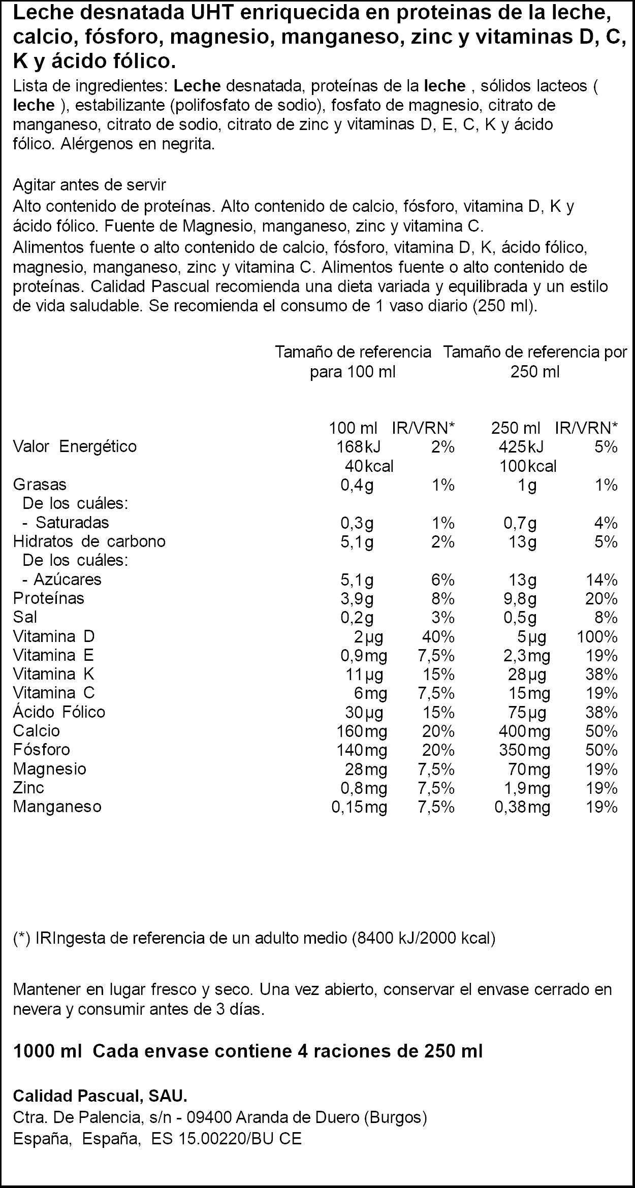 Leche desnatada movit calcio Pascual 1l