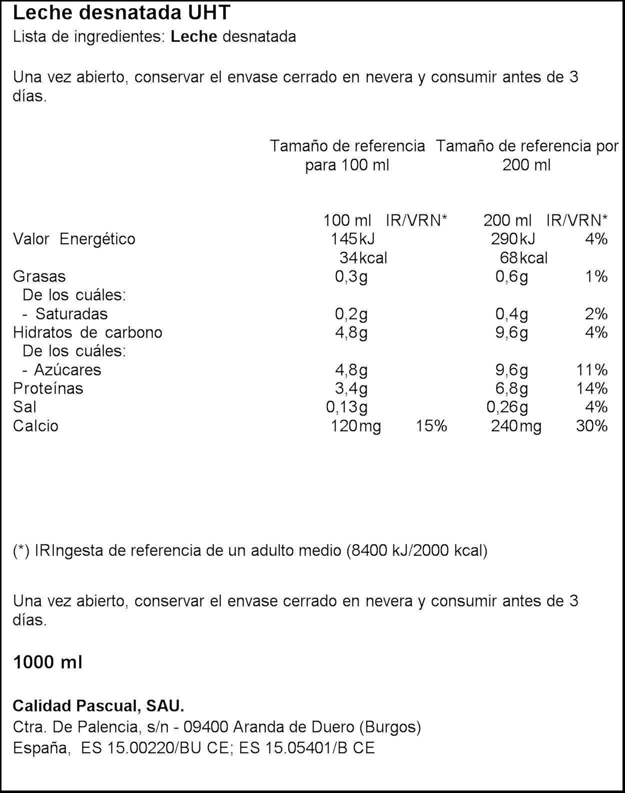 Leche desnatada brick Pascual 1l