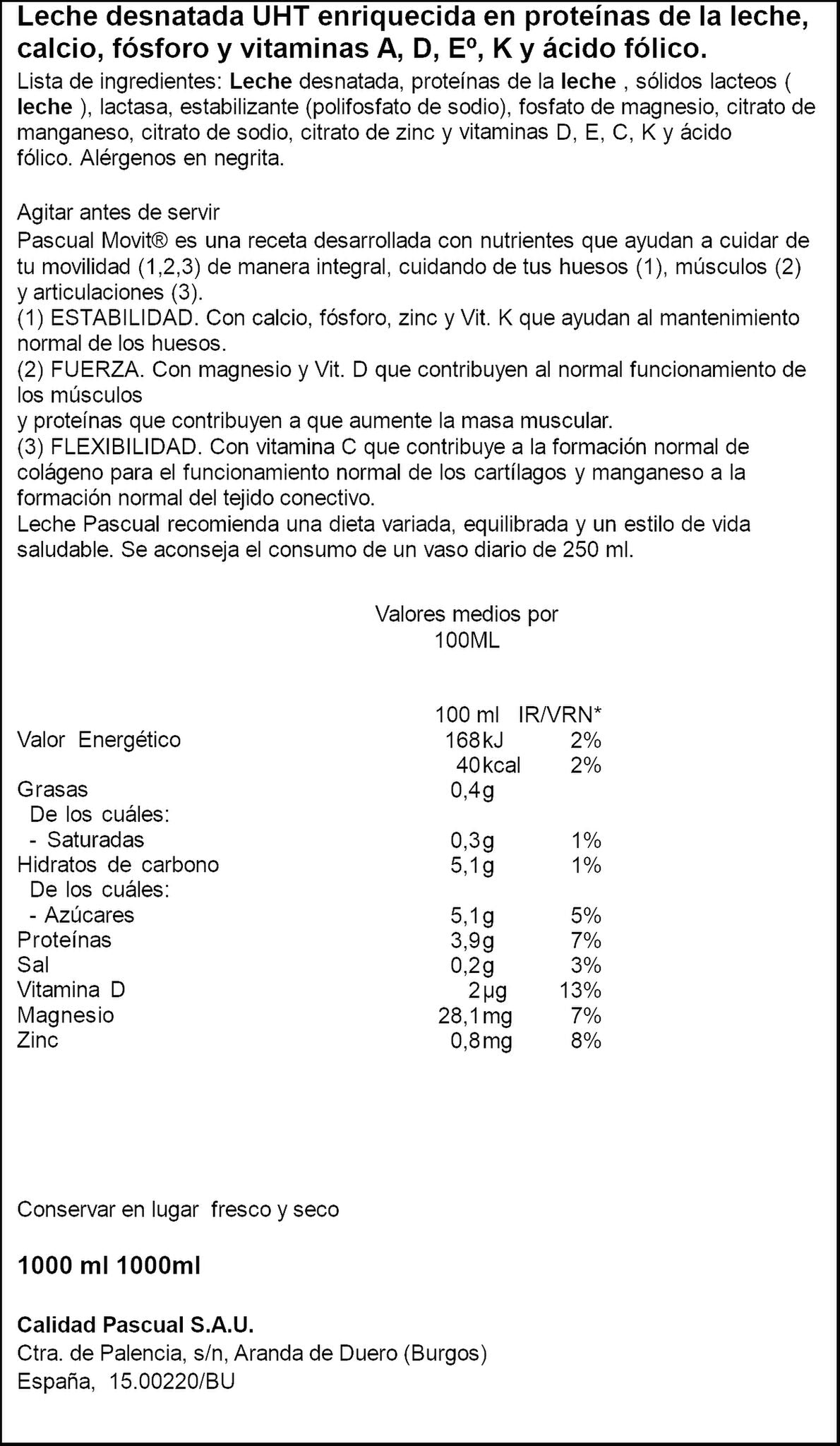 Leche movit desnatada s/lactosa Pascual 1l