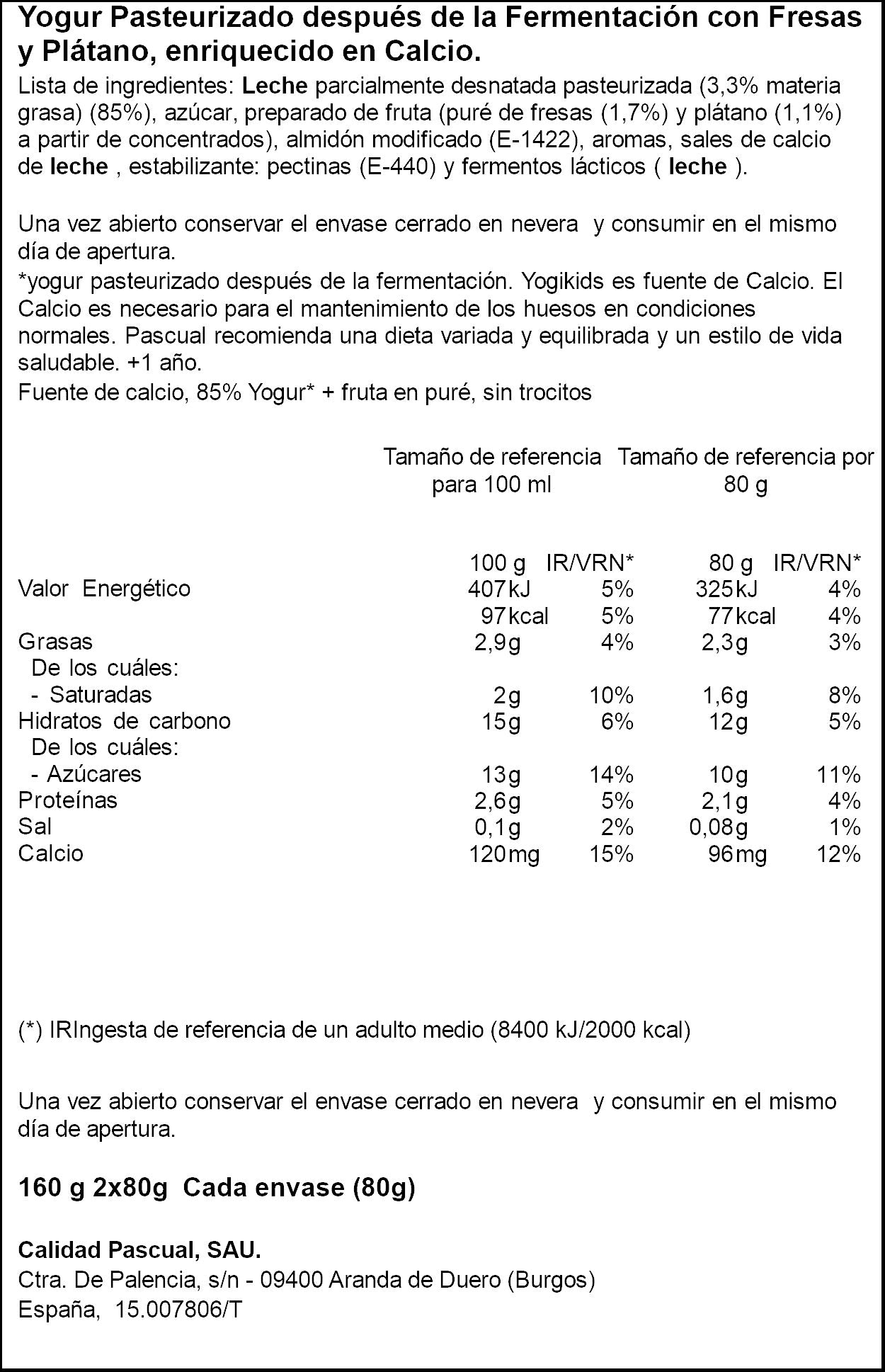 Yogur yogikids fresa/plátano Pascual p-2 80g