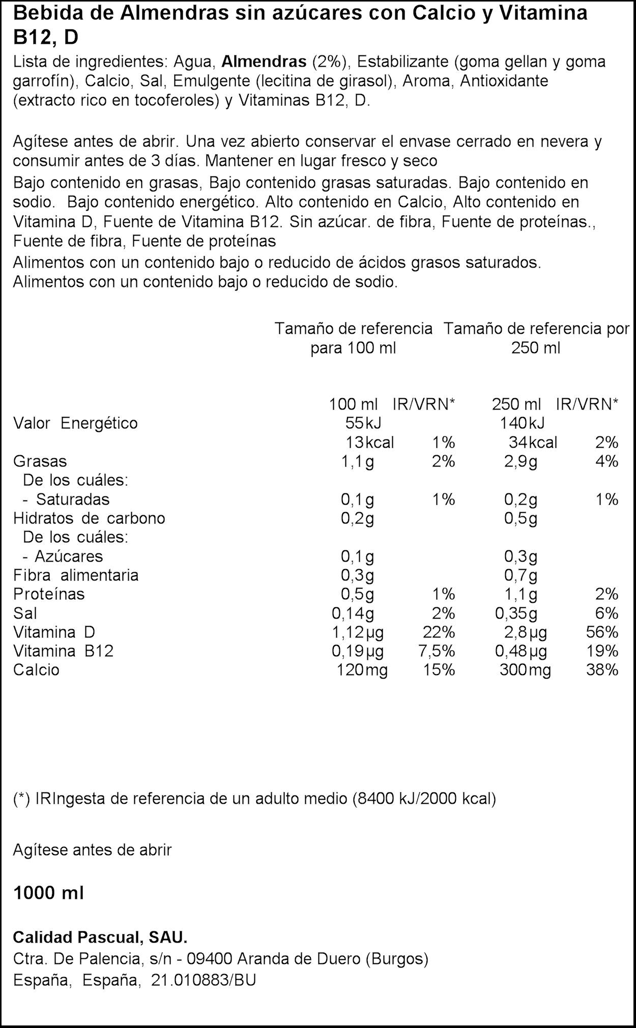 Bebida almendra s/a con calcio y vitaminas Vivesoy 1l