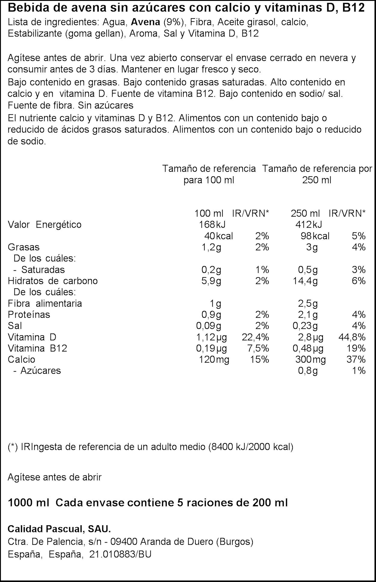 Bebida  vegetal avena sin azucar Vivesoy 1l