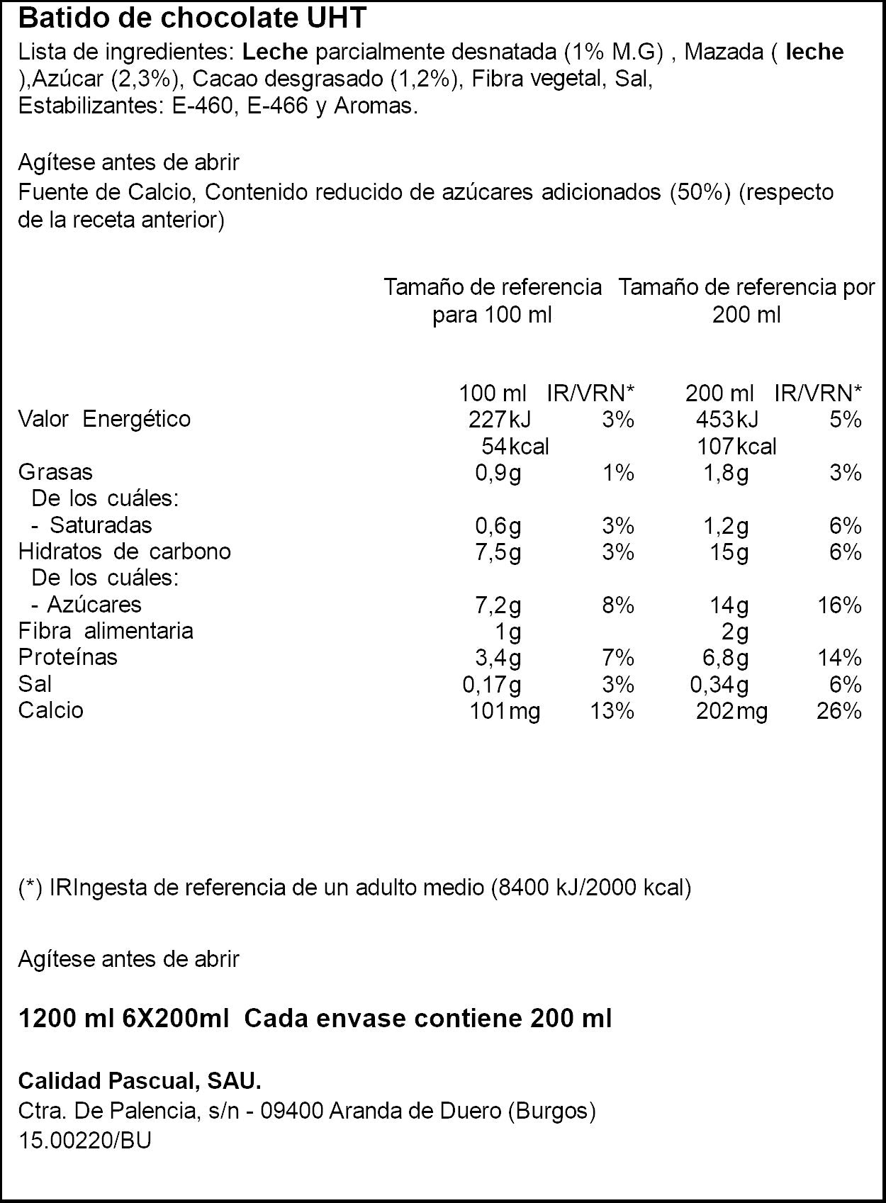 Batido chocolate Pascual p6 200ml/u