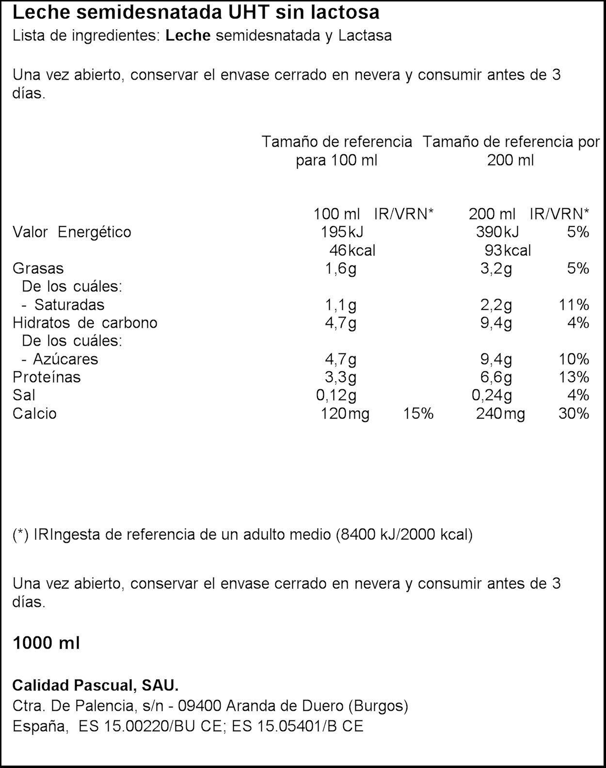 Leche semidesnatada s/lactosa Pascual 1l