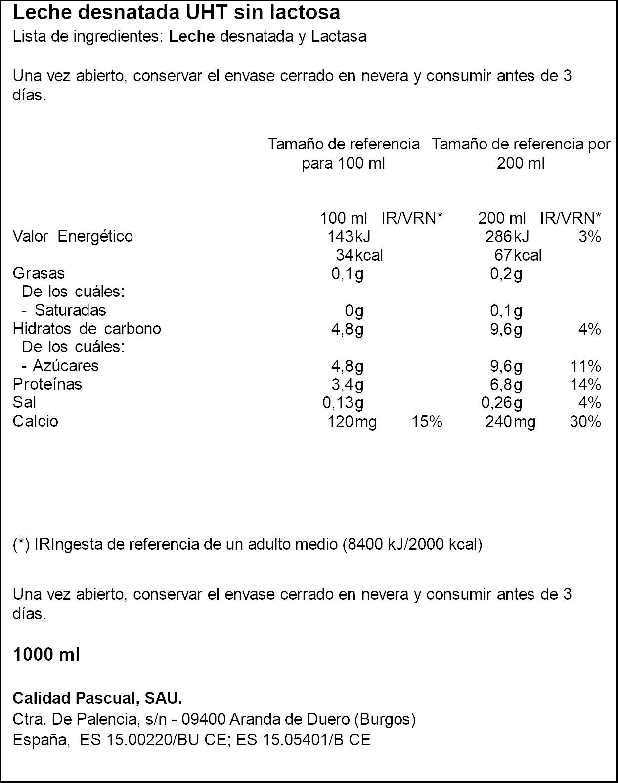 Leche desnatada s/lactosa Pascual 1l