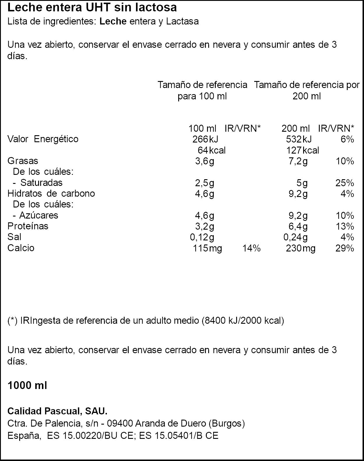 Leche entera s/lactosa Pascual 1l