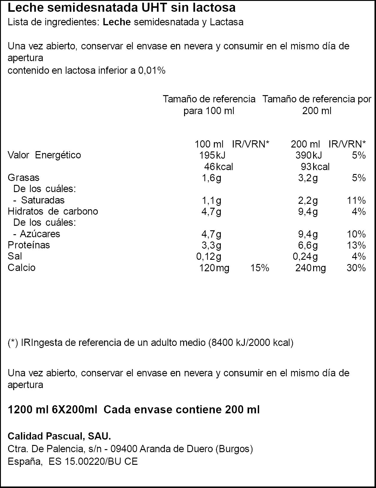 Leche semidesnatada sin lactosa Pascual p6