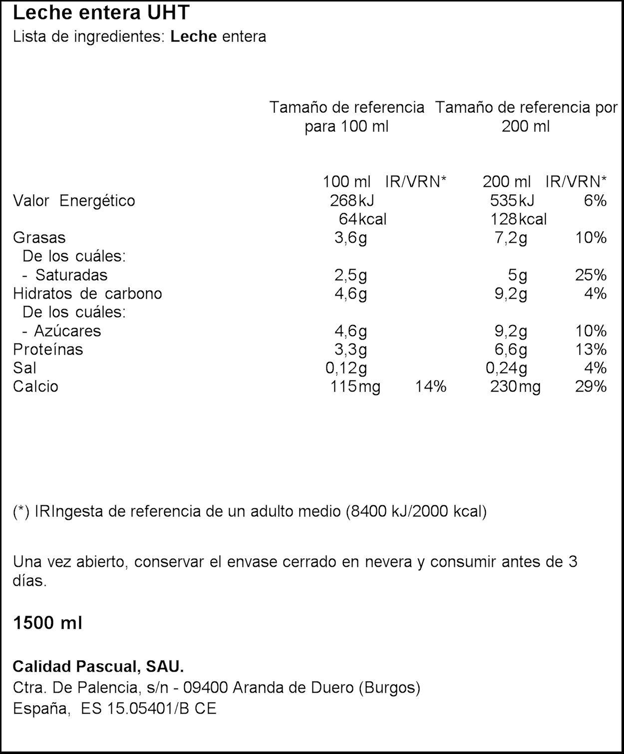 Leche entera botella Pascual 1.5l