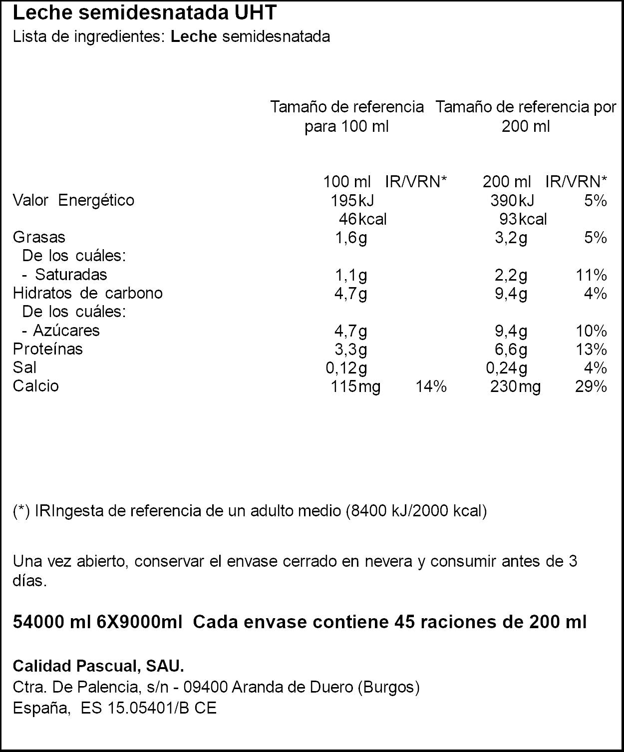 Leche semidesnatada botella Pascual 1.5l