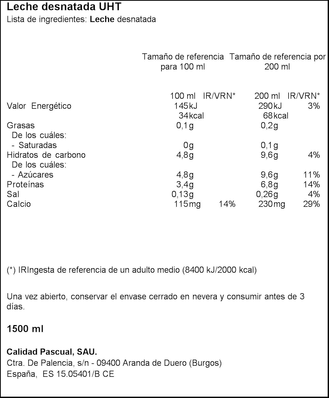 Leche desnatada botella Pascual 1.5l
