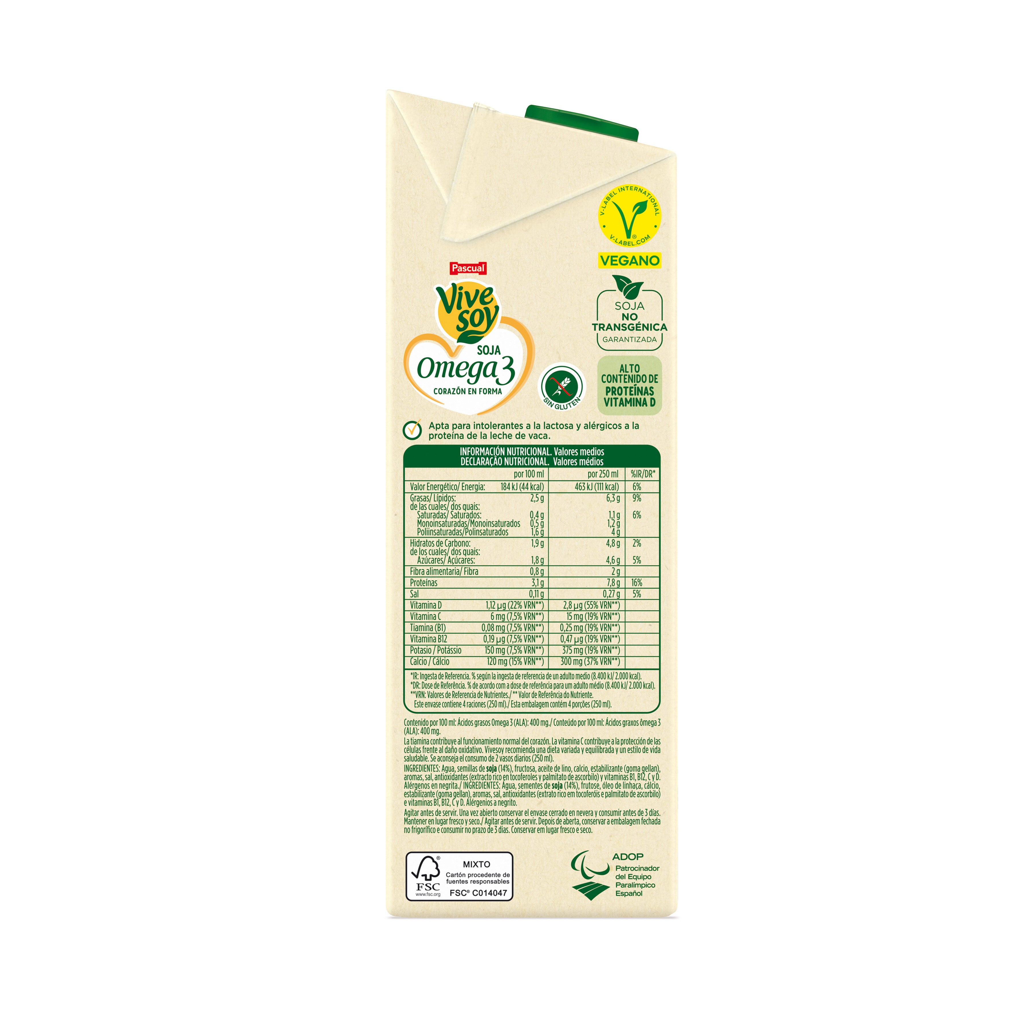 Bebida vegetal soja y omega 3 Vivesoy 1l