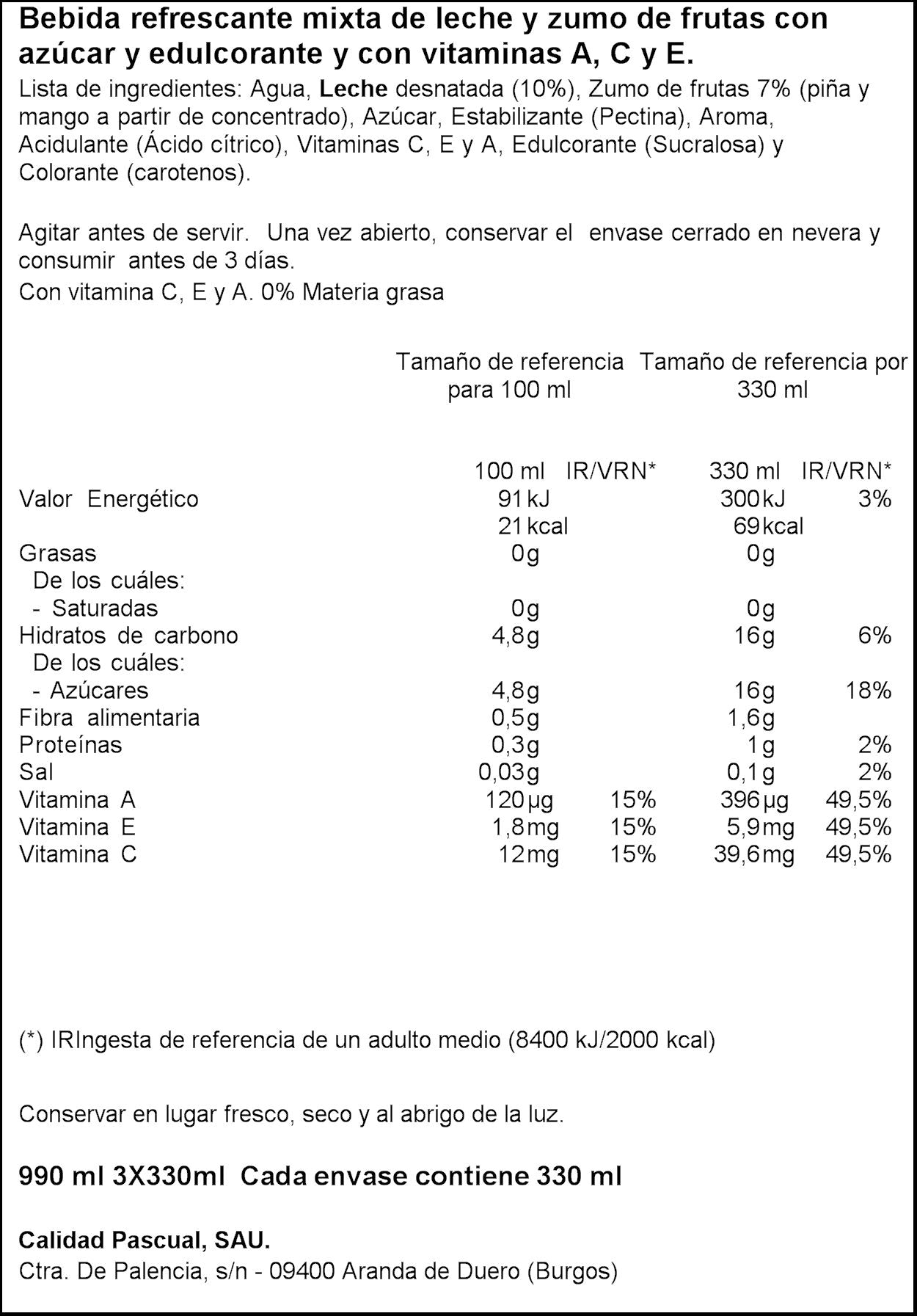 Bebida refresc mixta zumo frut/lech tropical Bifrutas Pascual p3 330ml/u