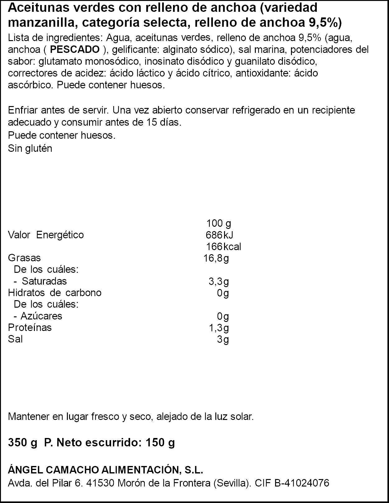 Aceituna manzanilla rellena anchoa gigantes Fragata 150g escurr