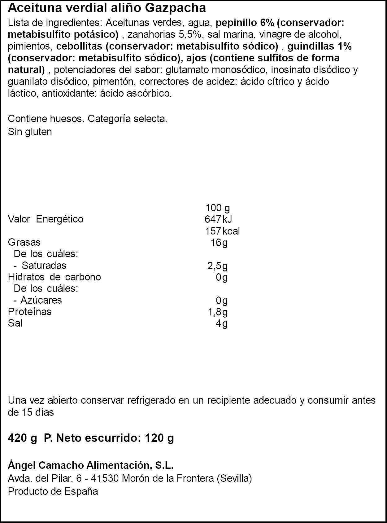 Aceitunas gazpachas verdial cristal Fragata 250g escurr