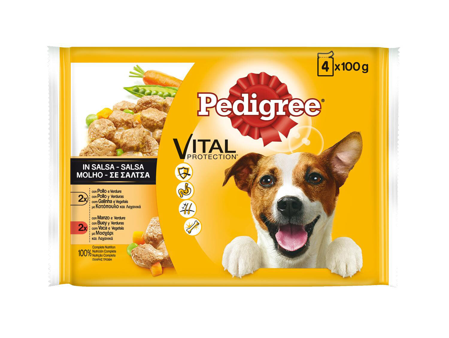 Comida húmeda perro salsa pollo/buey/verd Pedigree p4 100g/u