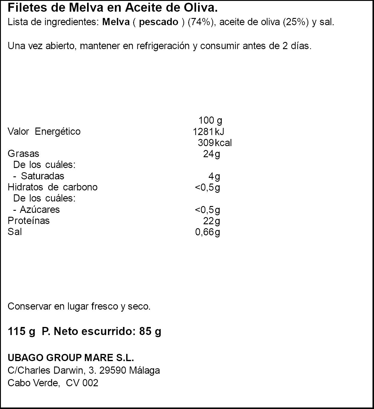 Filete melva aceite oliva lata rr125 Ubago 85g escurr