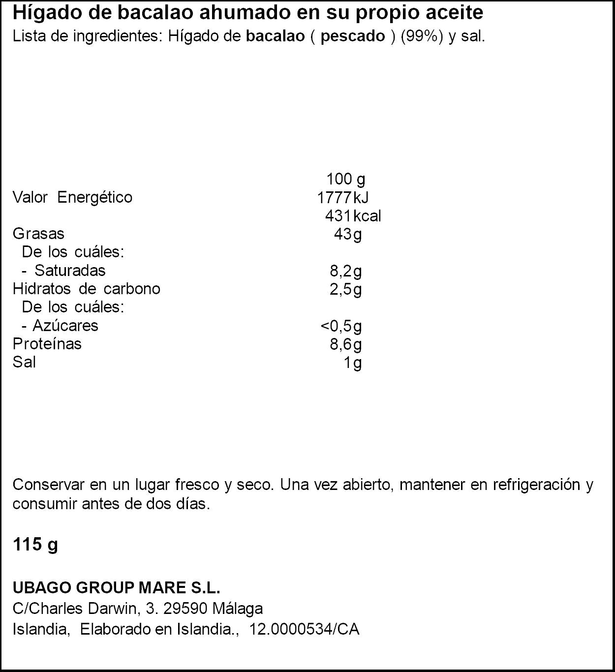 Higado bacalao ahumado lata Ubago 100g escurr