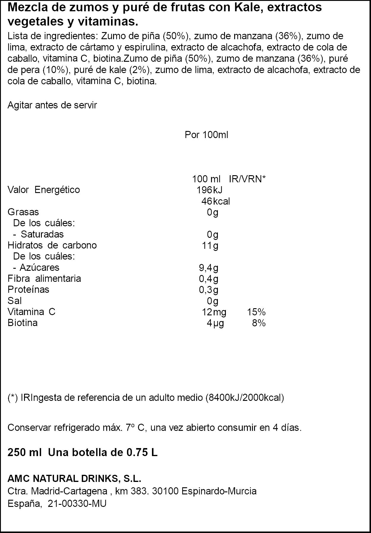 Zumo refrigerado detox kale/piñ/per/man Via nature 250ml