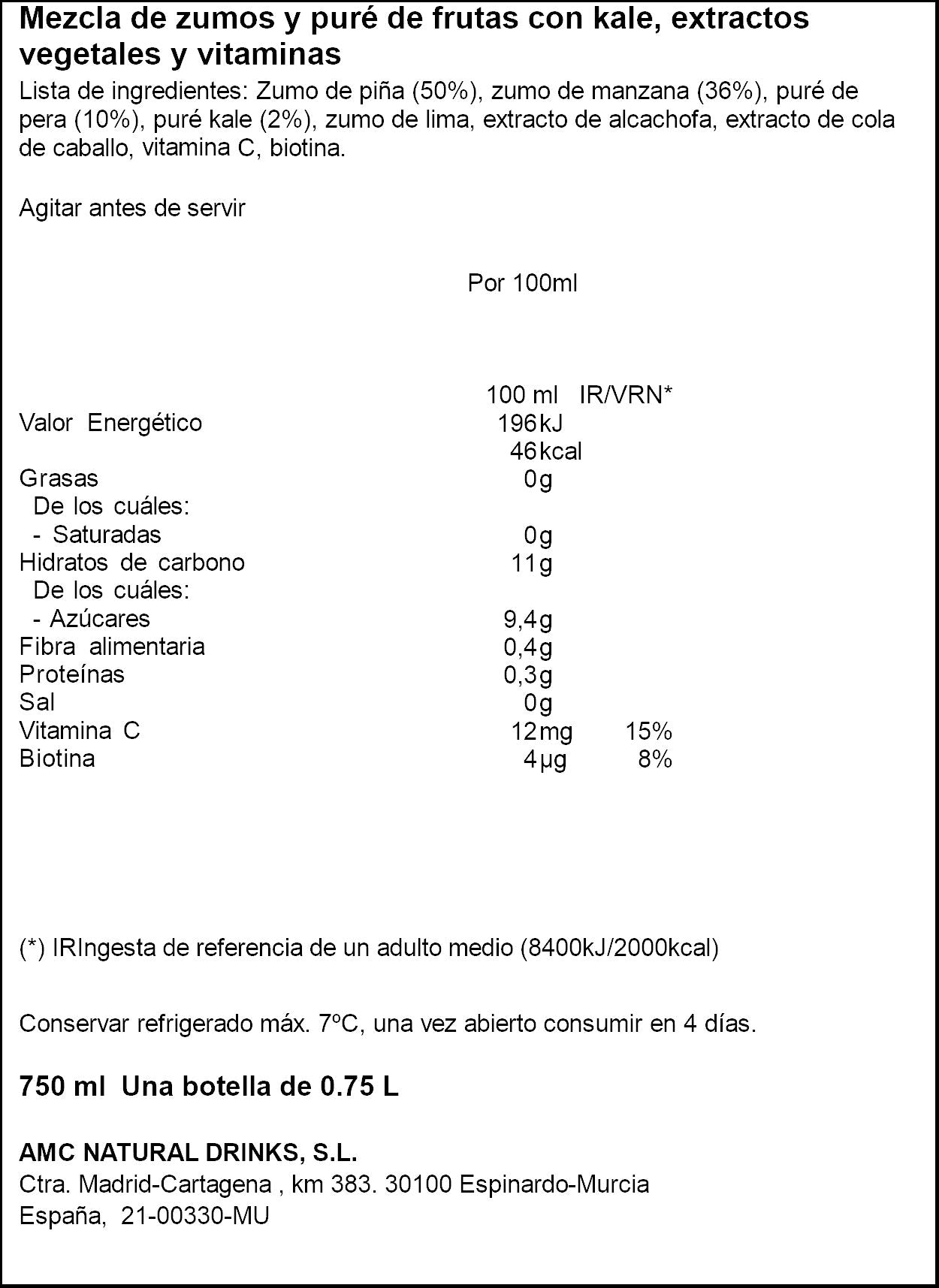 Bebida detox kale/pera/manz/piña Vianature 750ml
