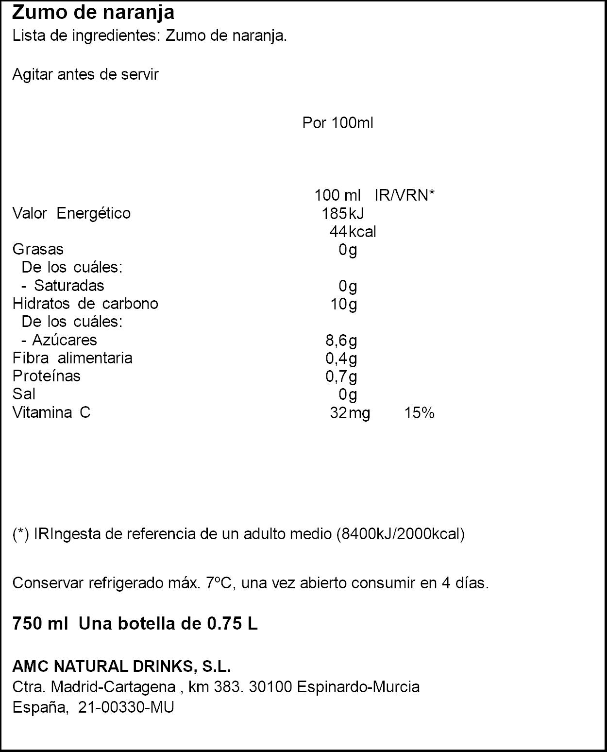 Zumo refrigerado naranja c/pulpa vianature 750ml