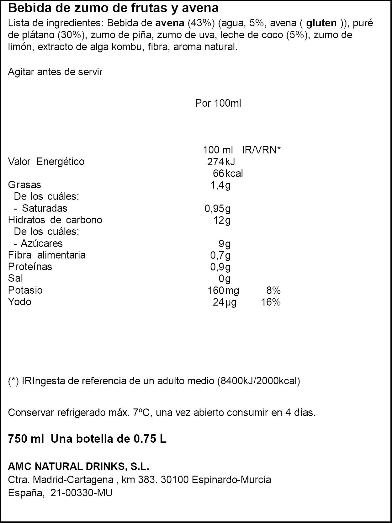Bebida de zumo frutas y avena Via nature 750ml