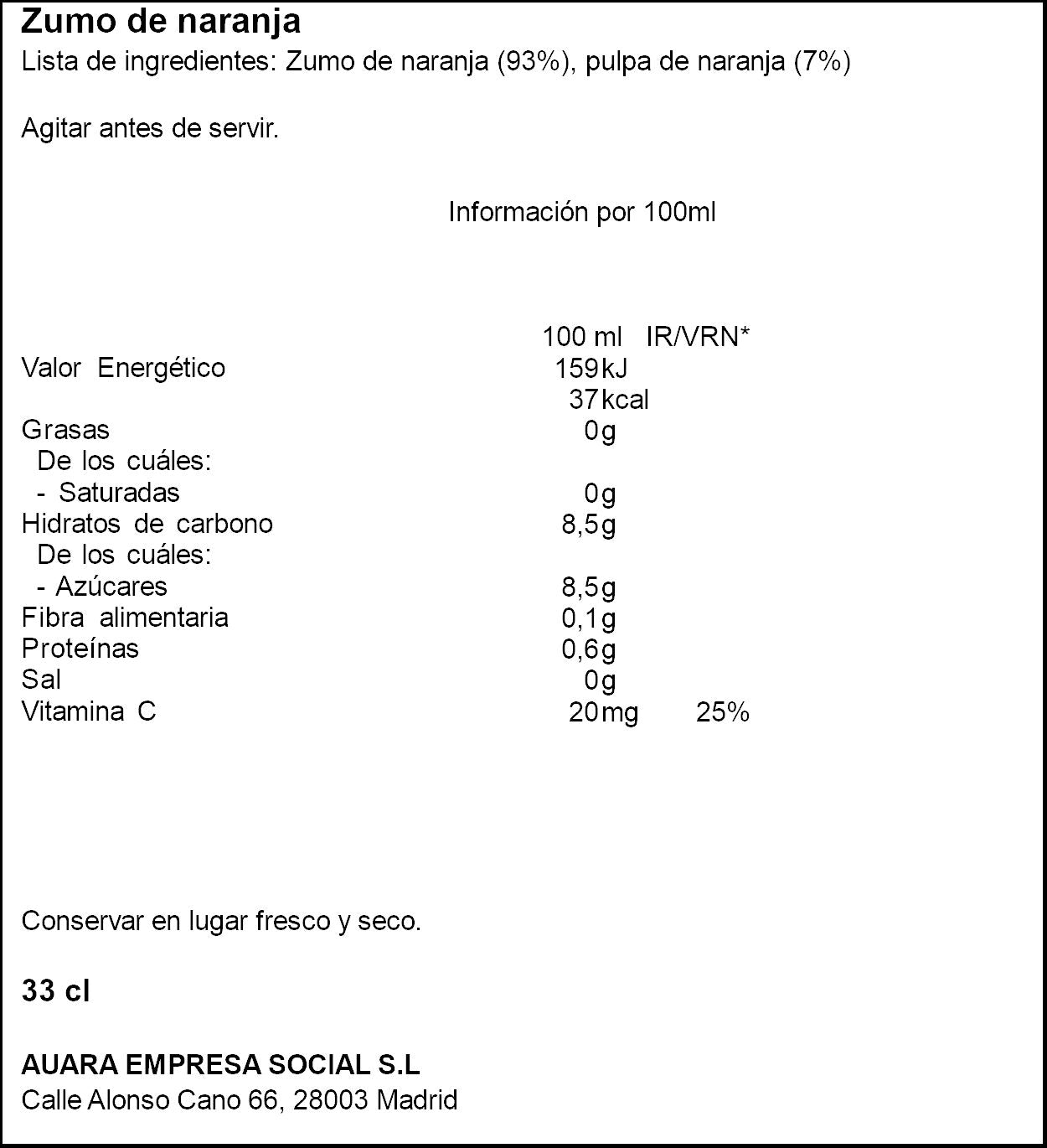 Zumo naranja 100% exp Auara 33cl