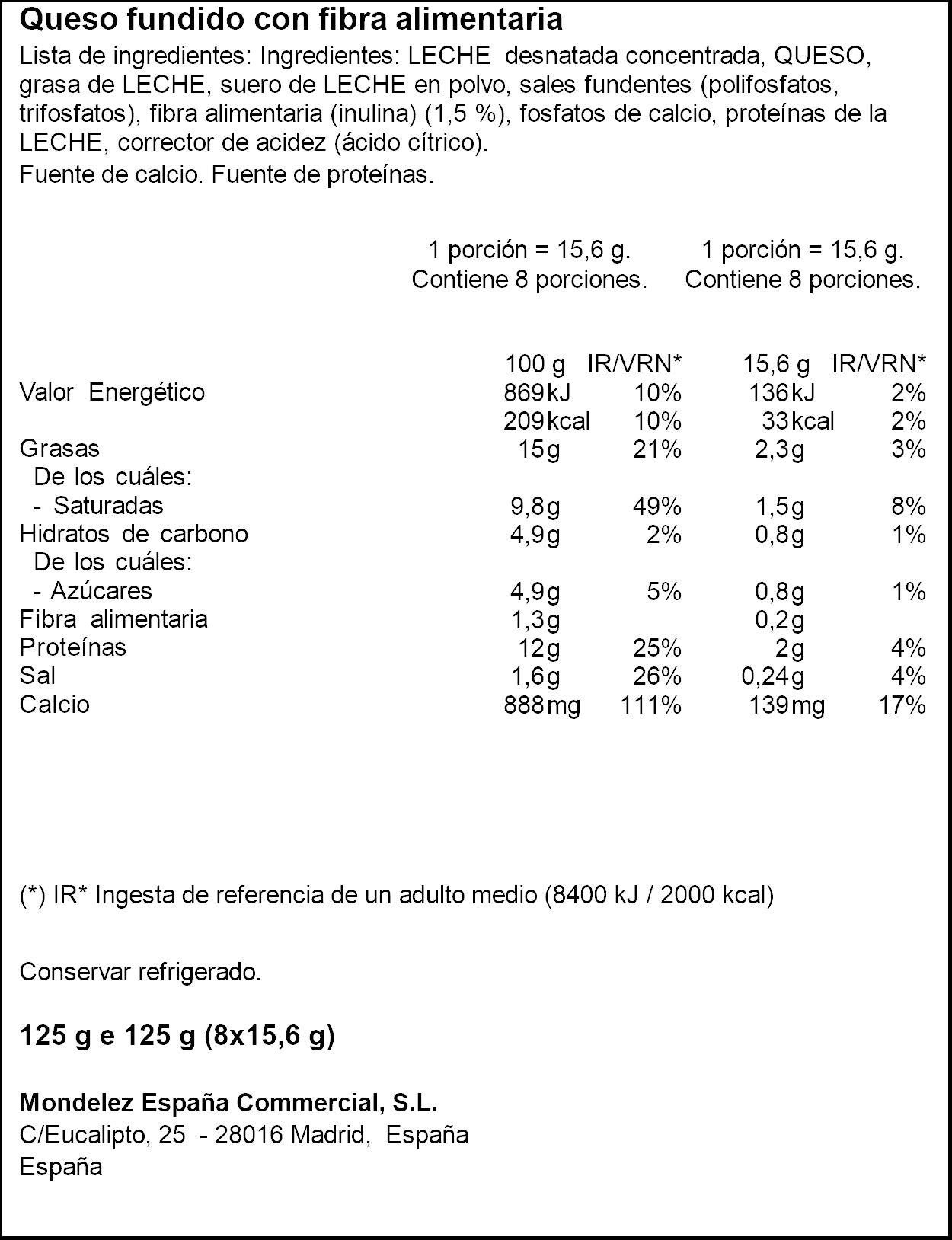 Queso natural fundido porción El caserio p8 125g
