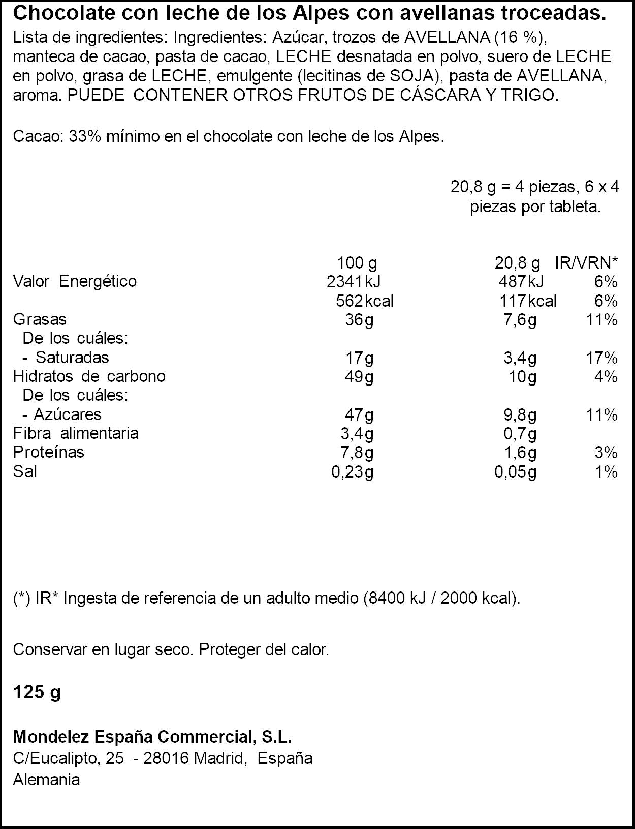 Chocolate leche/avellana Milka 125g