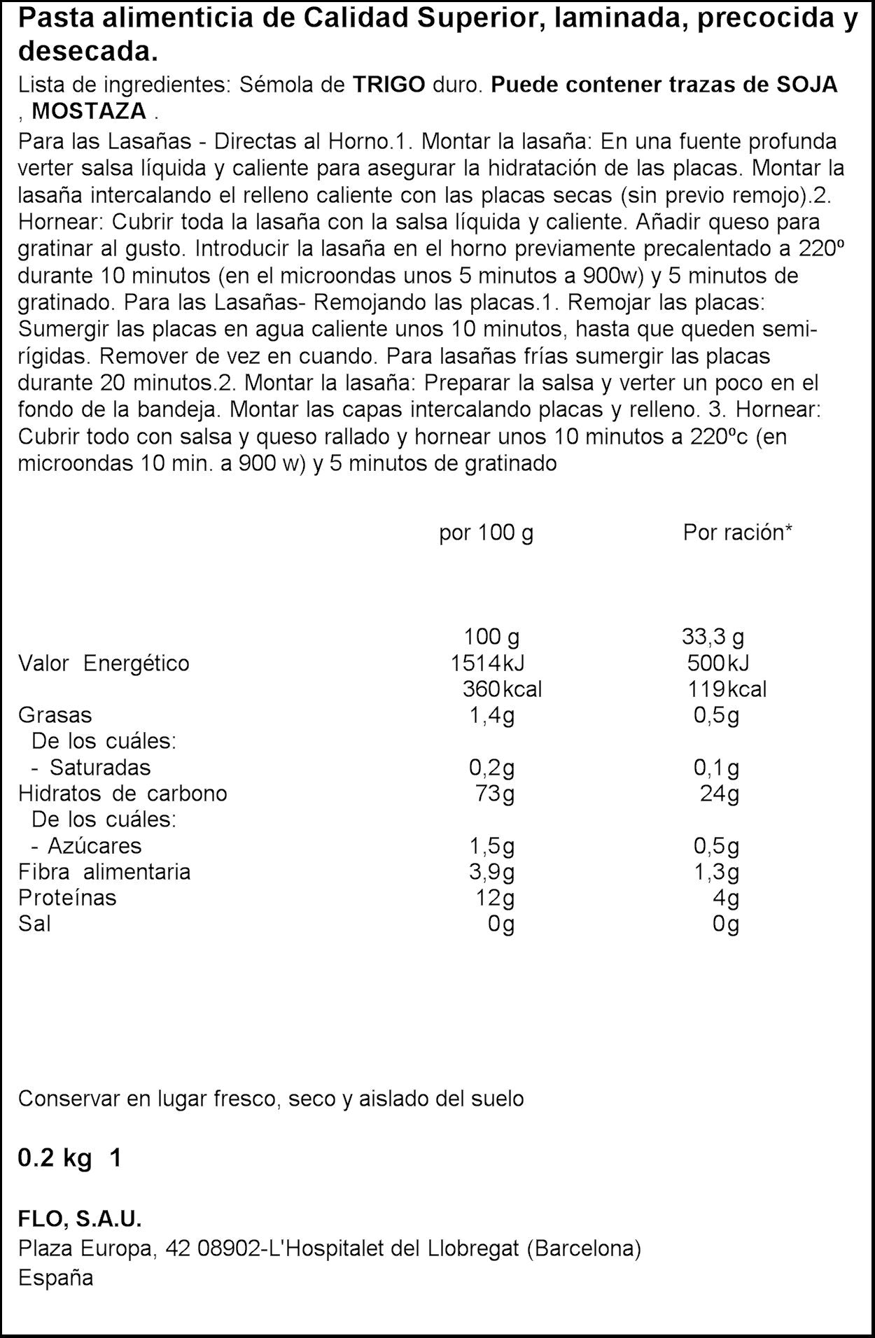 Lasaña precocida placas El pavo 200g