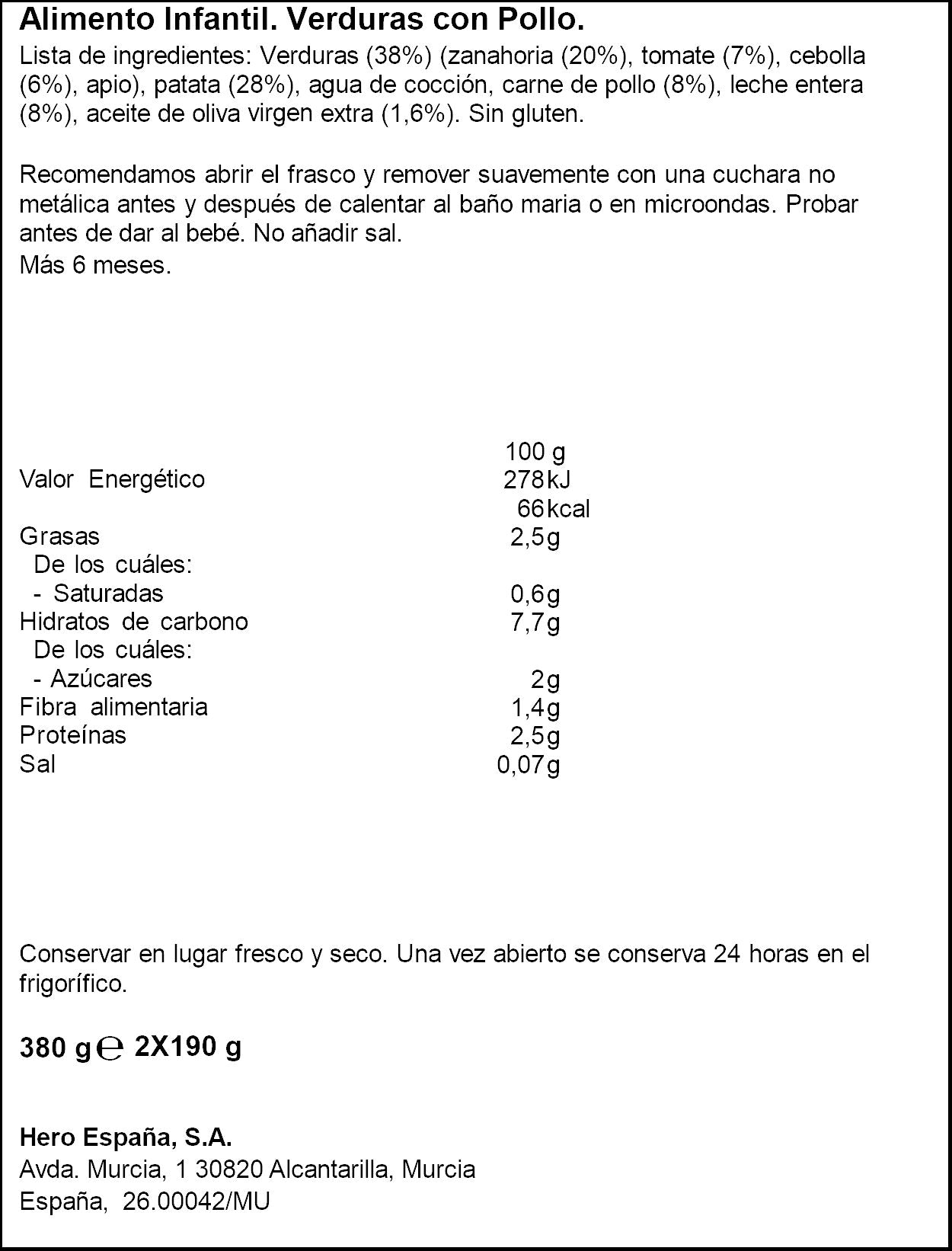 Potito carne pollo/verdura b noches Hero baby p2 190g