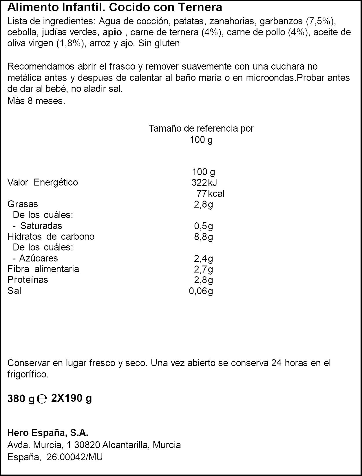Potito carne casera cocido ternera Hero baby p2 200g