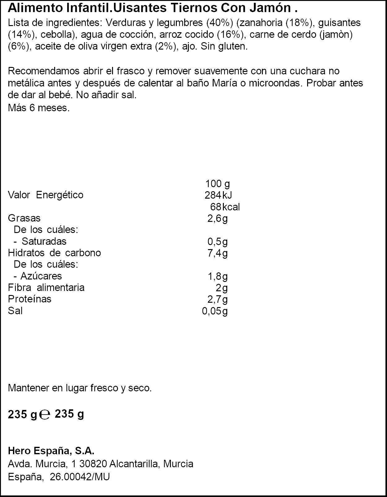 Potito carne jamón/guisante Hero baby 235g