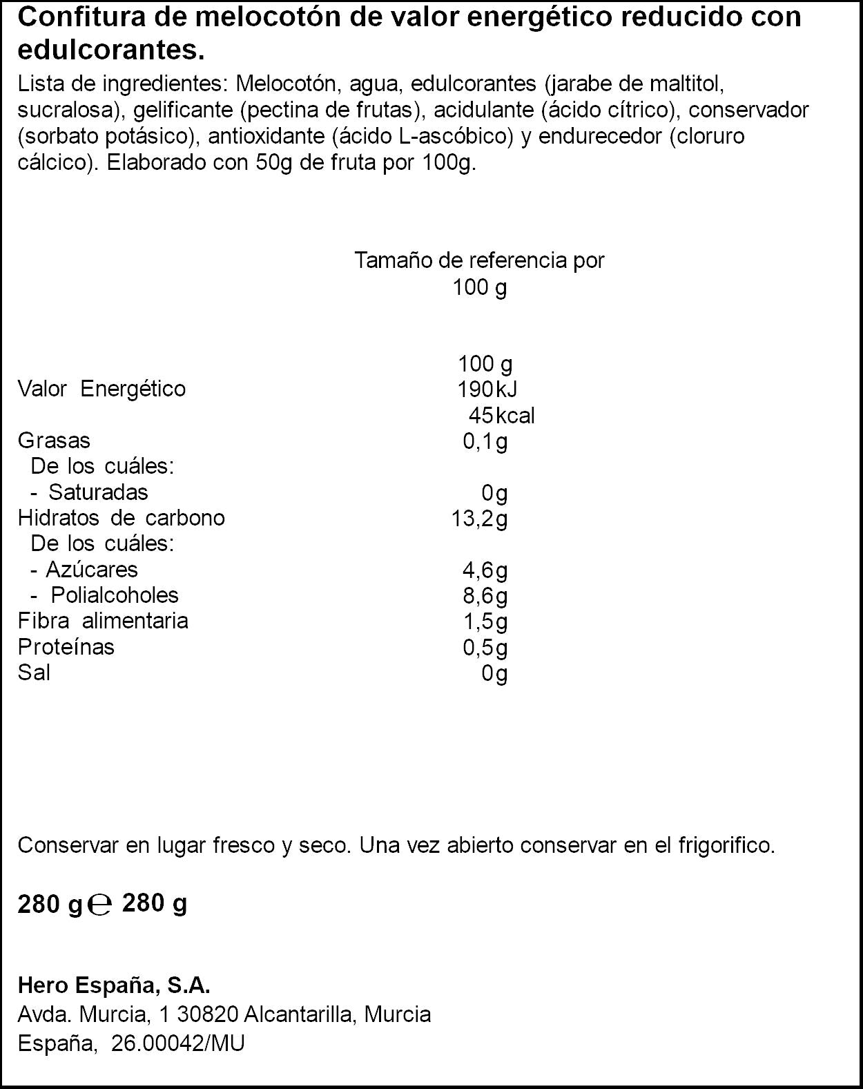 Confitura diet melocotón Hero 280g
