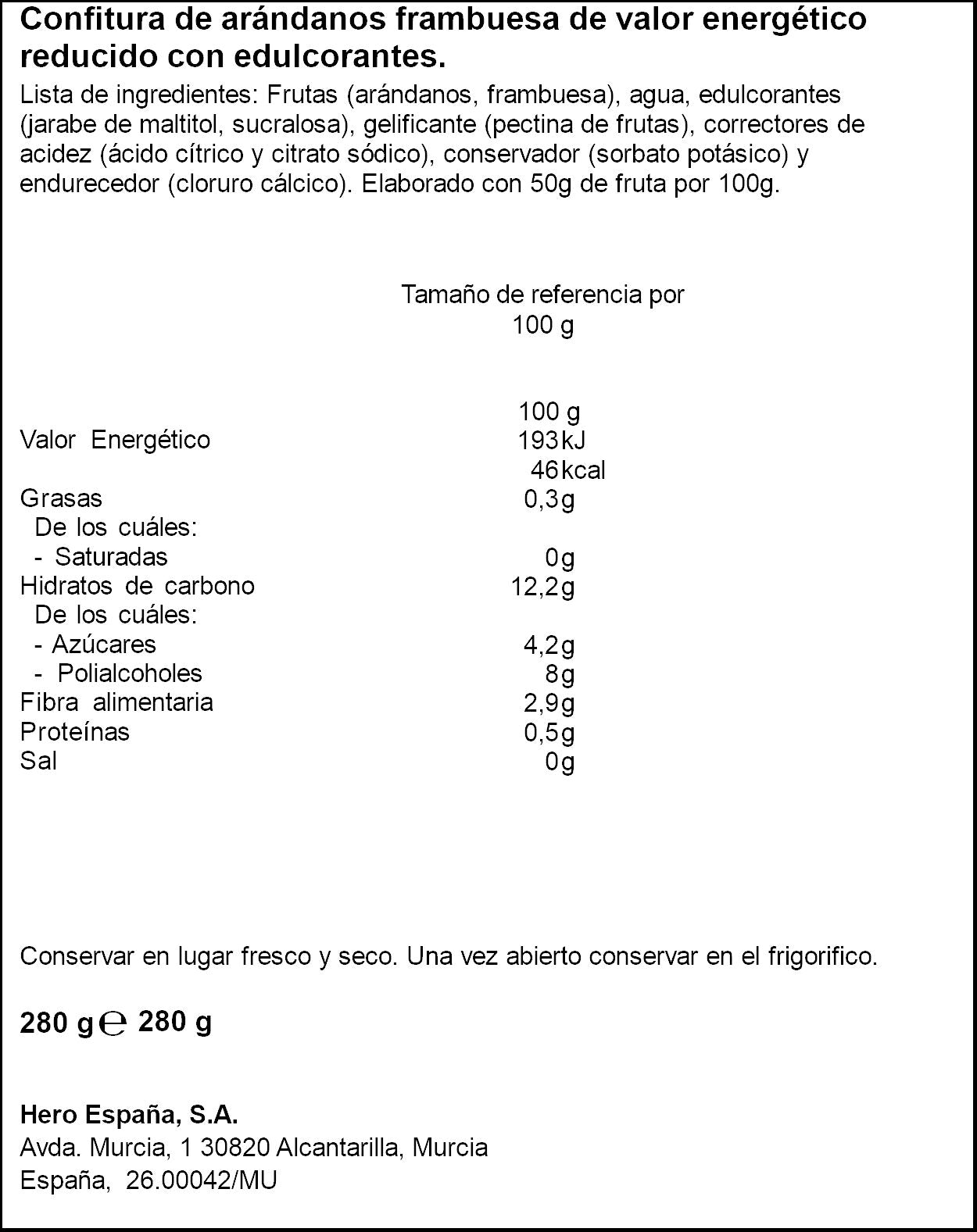 Confitura diet aran/fram Hero 280g