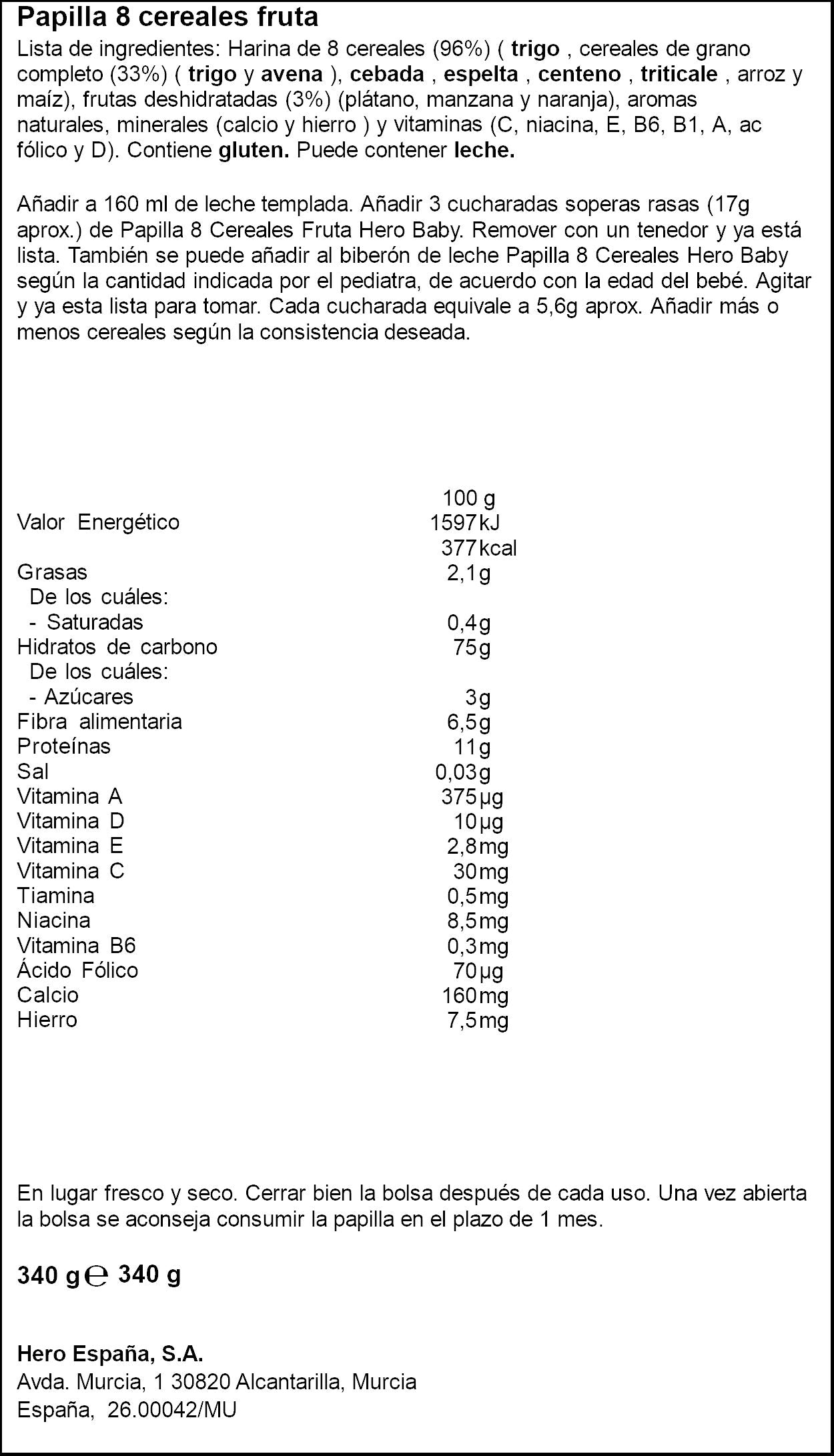 Preparado papilla cereales/fruta Hero baby 340g