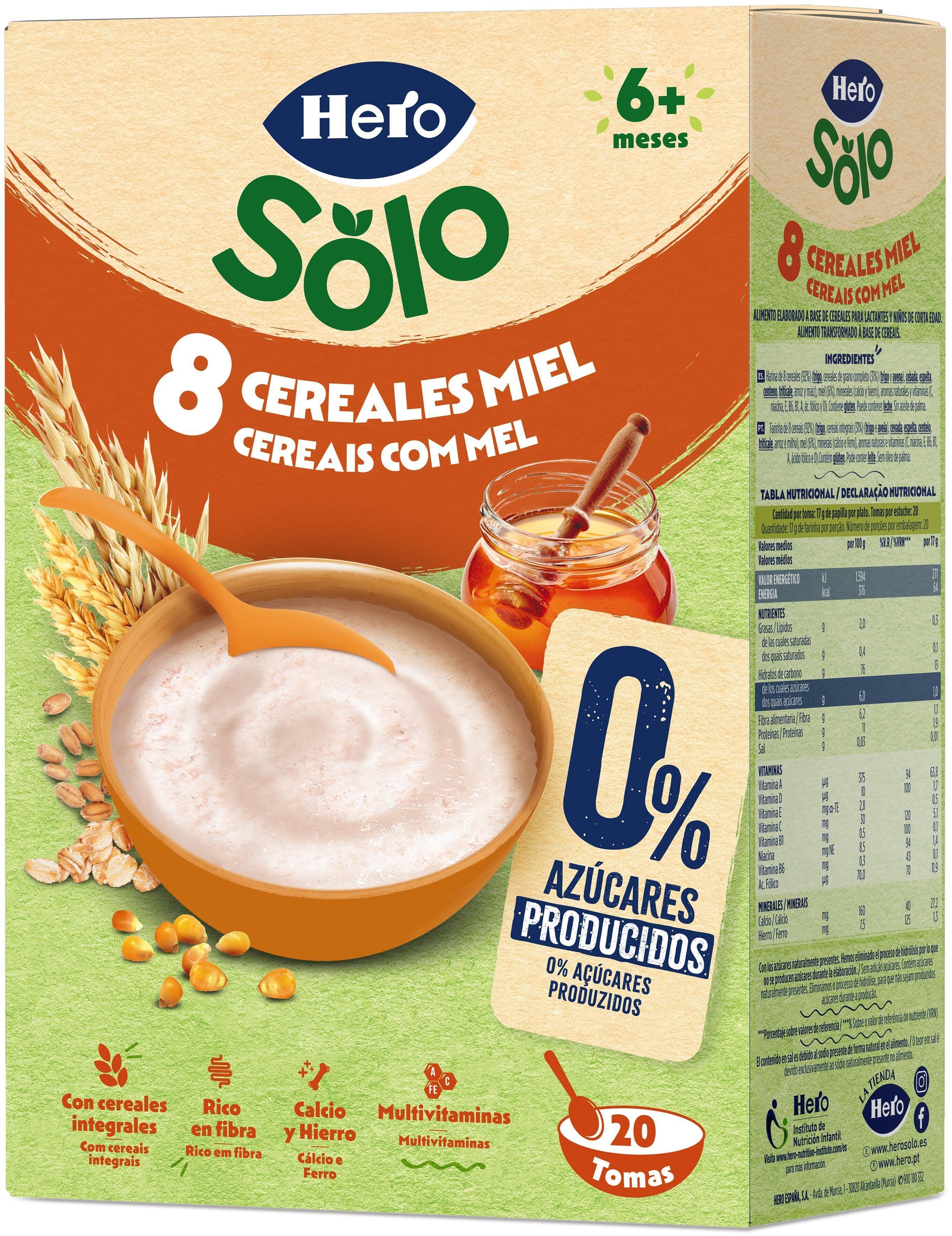 Preparado papilla 8 cereales/miel 0% Hero baby 340g