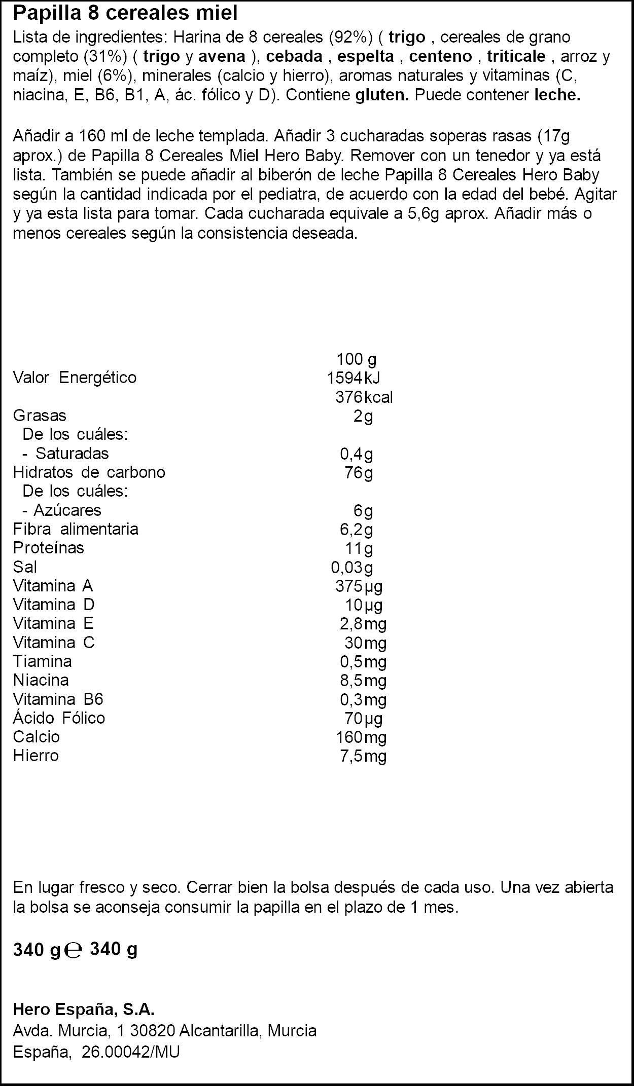 Preparado papilla 8 cereales/miel 0% Hero baby 340g