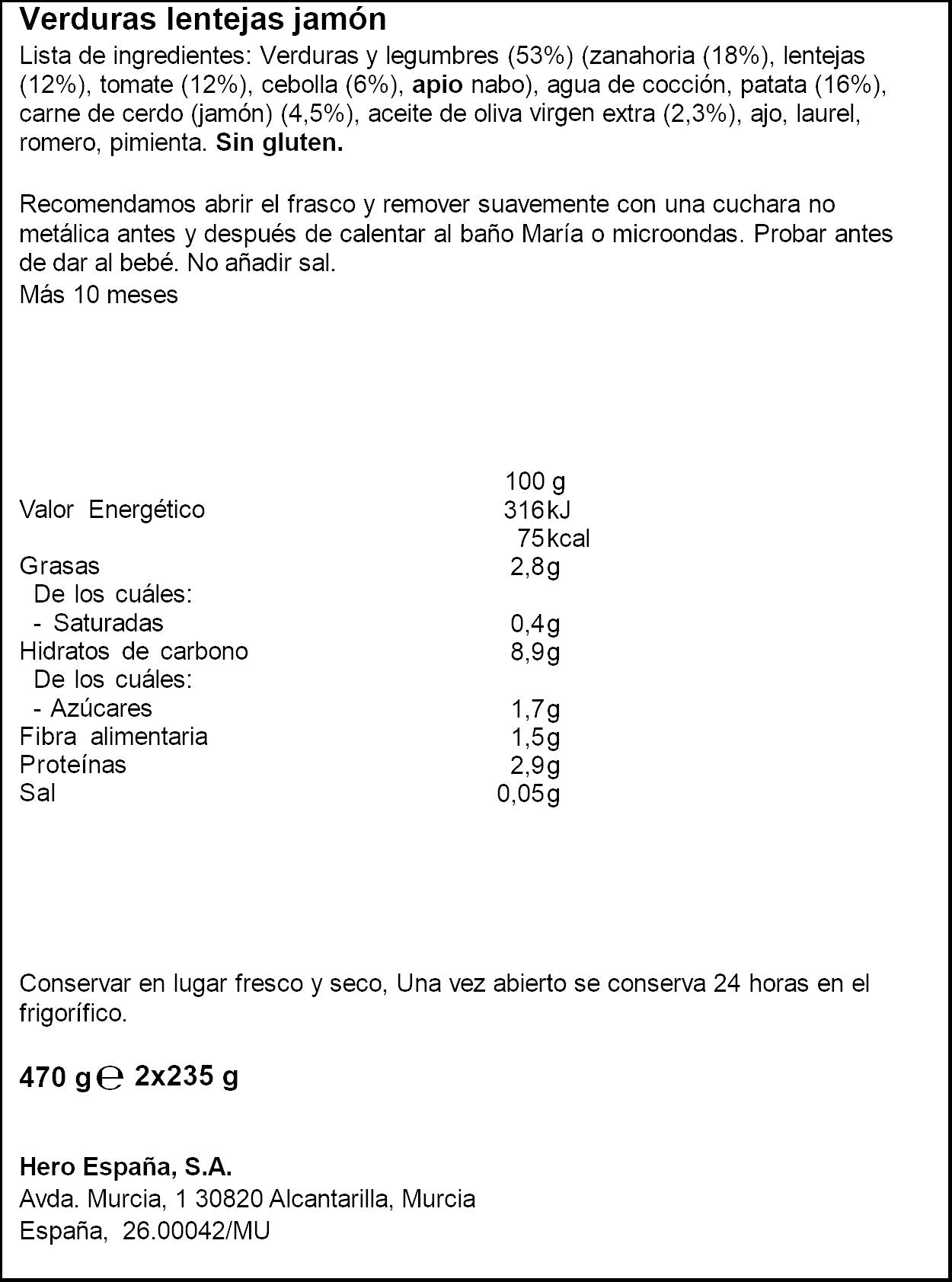 Potito carne lentejas/verdura/jamon Hero p2 235g