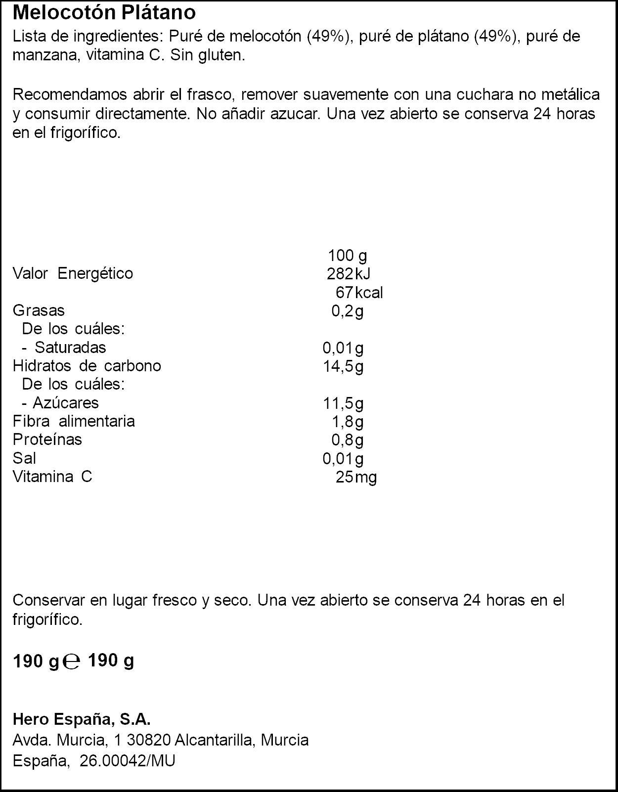 Potito fruta melocotón/plátano Hero 190g